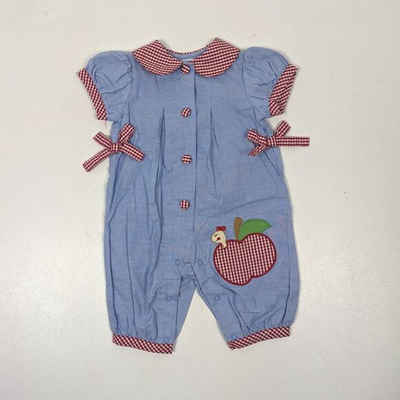 Vintage Starting Out Jumpsuit Baby Girls Size 3m Chambray Apple Fall School - Picture 1 of 5